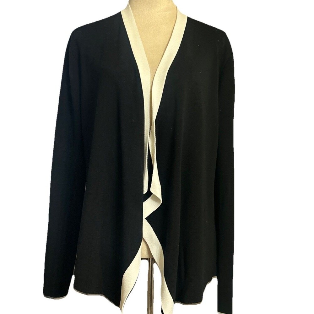 Eileen Fisher Size L Angled Front Black White Trim Open Cardigan Long Sleeves